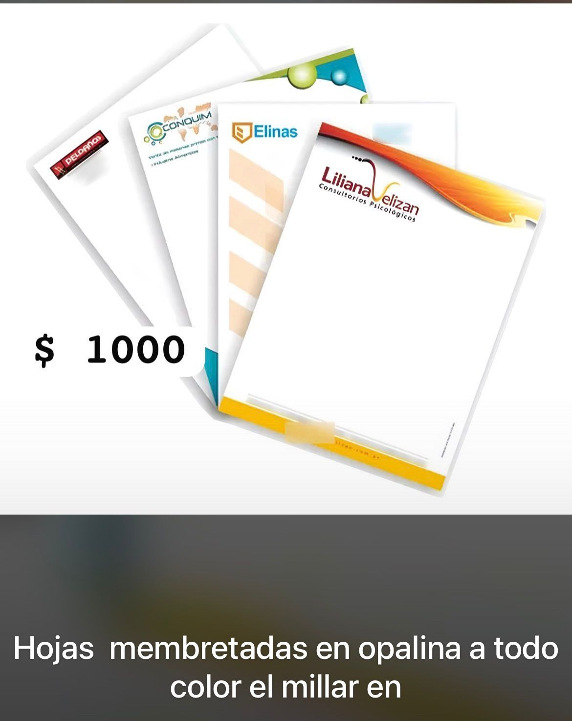 Hojas membretadas en opalina a todo color — el millar $1000
