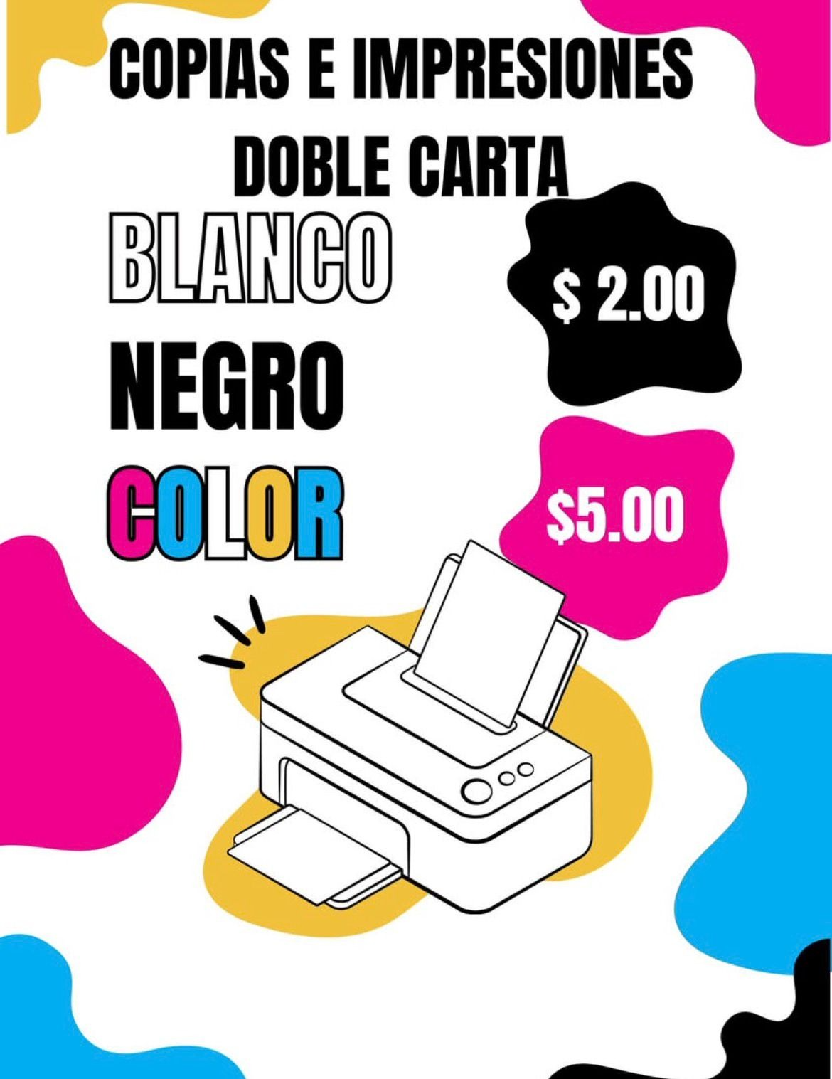 Copias e impresiones doble carta — Blanco y negro $2.00, Color $5.00