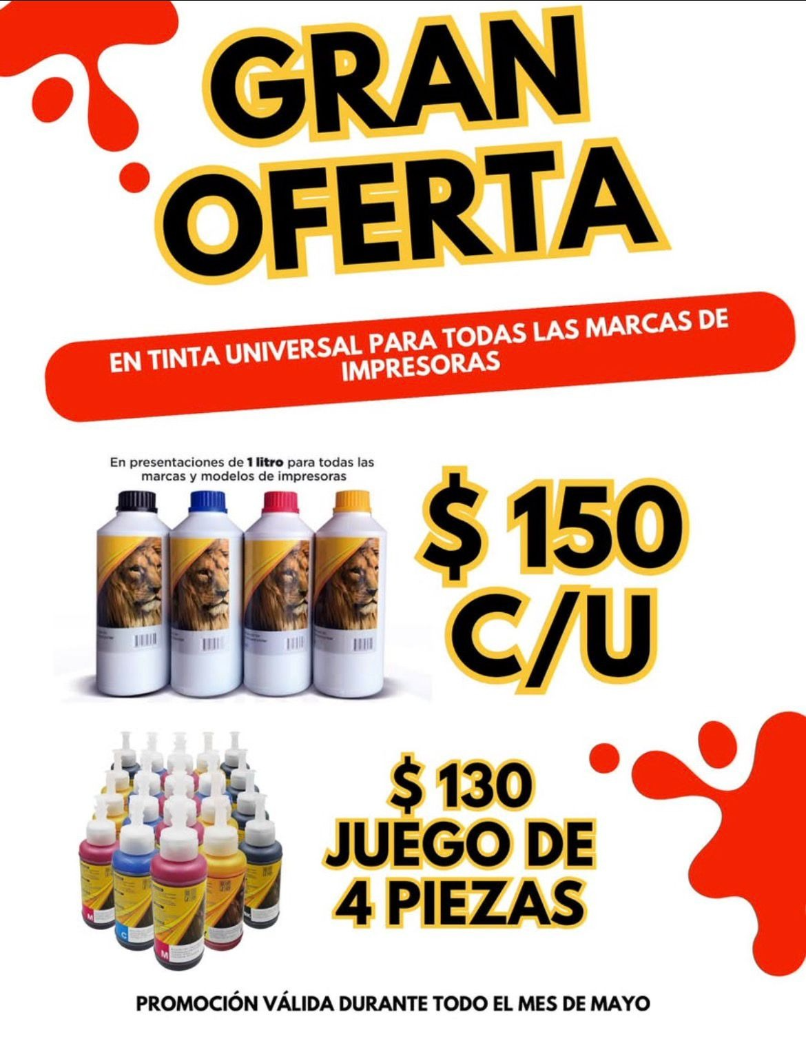Gran oferta en tinta universal — $150 c/u, juego de 4 piezas $130